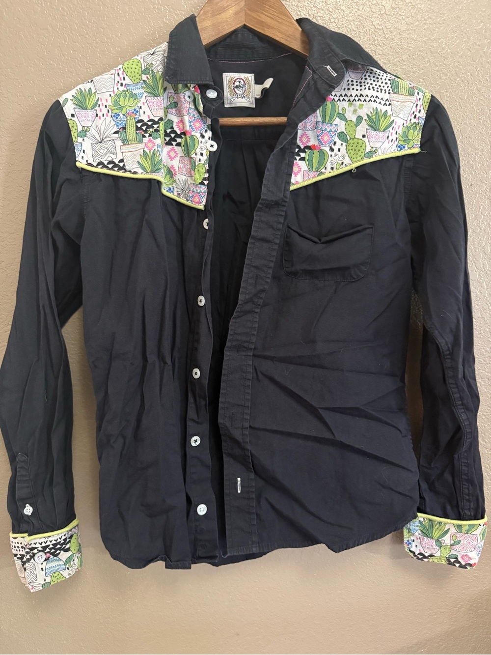 Cinch Black Button-Down Shirt with Colorful Cactus Yoke